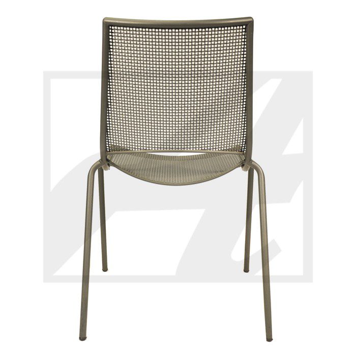 Back view of a modern chair with a mesh backrest and metal frame.