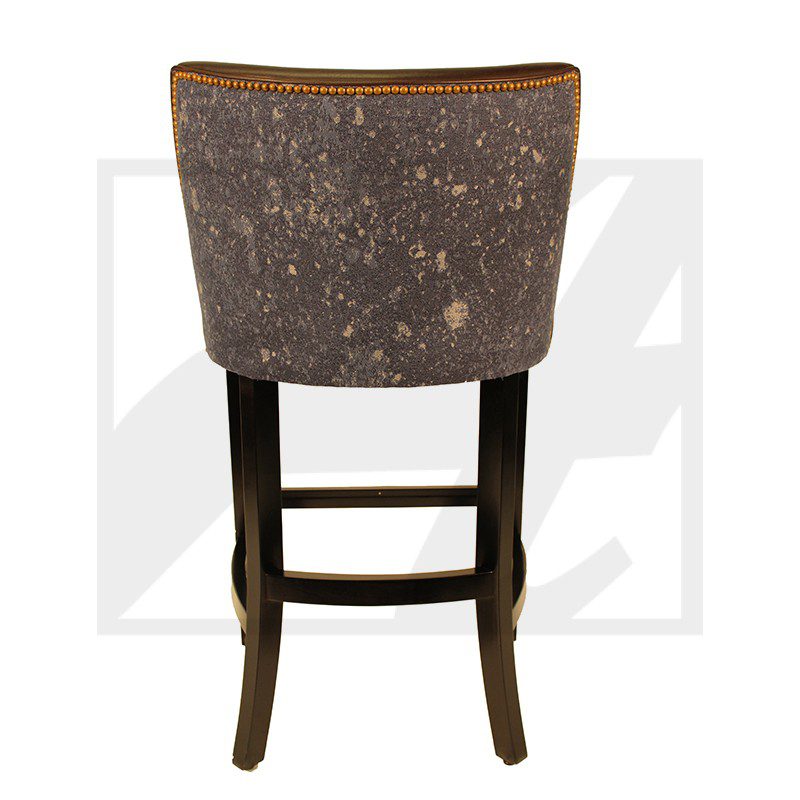 Brown cushioned bar stool with wooden legs and backrest.