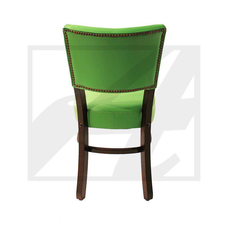 A green cushioned chair with a wooden frame, viewed from the back.