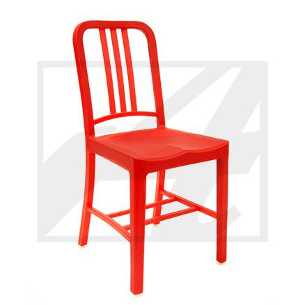 Bright red wooden chair with vertical back slats.