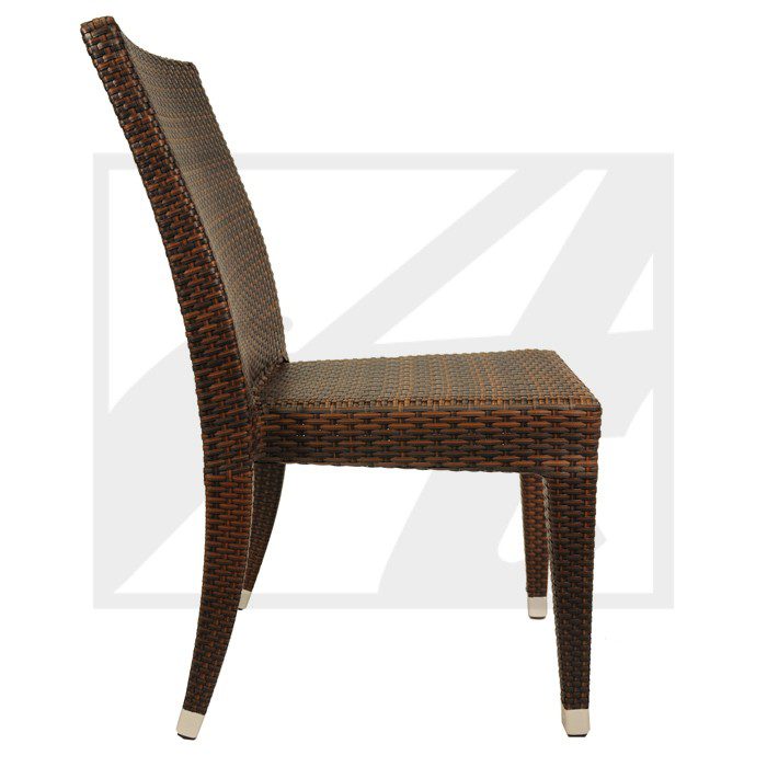 A brown wicker chair with a high back and wooden legs.