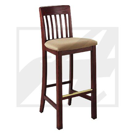 Wooden bar stool with cushioned seat and slatted backrest.