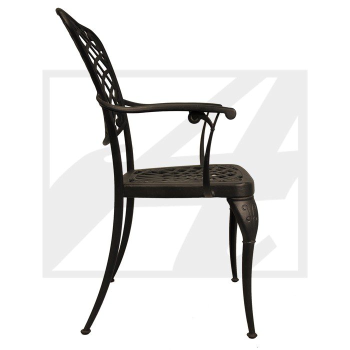 Elegant black metal chair with intricate back design and cushioned seat.