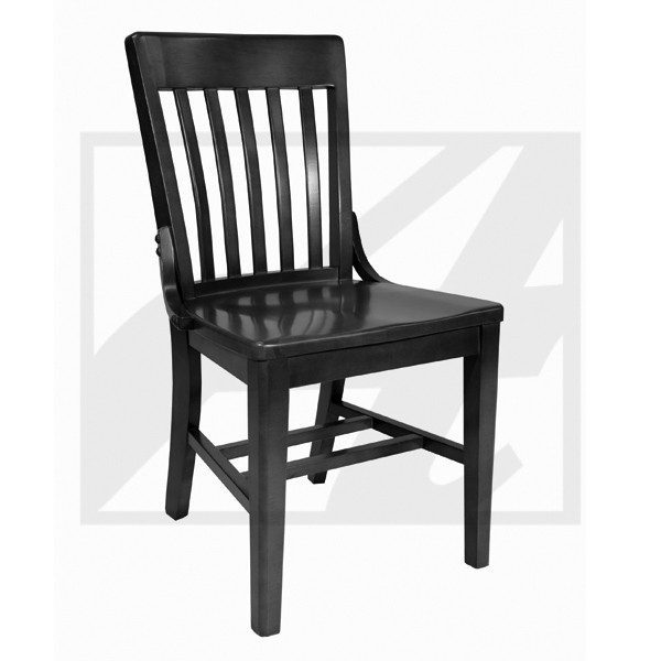 A classic black wooden chair with vertical slats on the backrest.