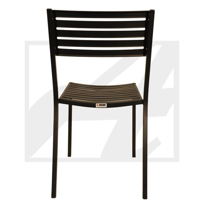 Minimalist black metal chair with a wooden seat and slatted backrest.