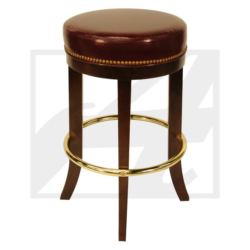 Round brown leather bar stool with wooden legs and brass footrest.