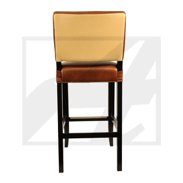 Modern bar stool with cushioned beige backrest and brown seat.
