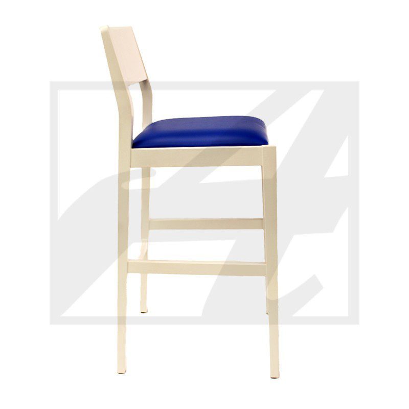 Tall wooden chair with a blue cushioned seat and light wood frame.