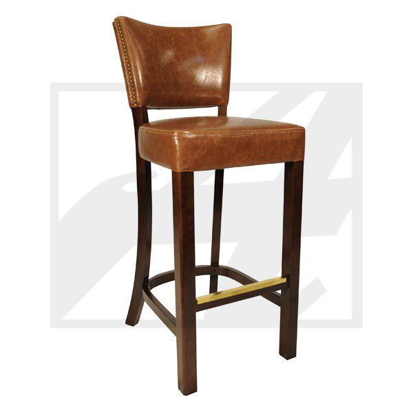 Brown leather bar stool with wooden legs and brass footrest.