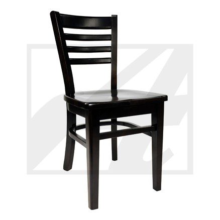 A classic black wooden dining chair with a slatted back.