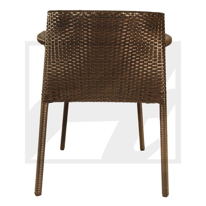 Brown woven rattan chair with armrests and four legs.