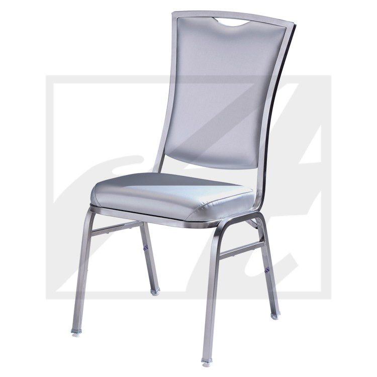 A sleek modern chair with a metal frame and cushioned seat and backrest.