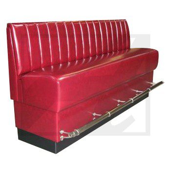 Red vinyl diner booth seating with metal footrests.