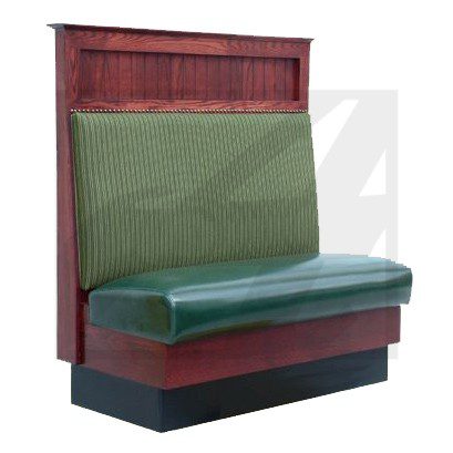 Green vinyl booth seat with wooden backrest and base.