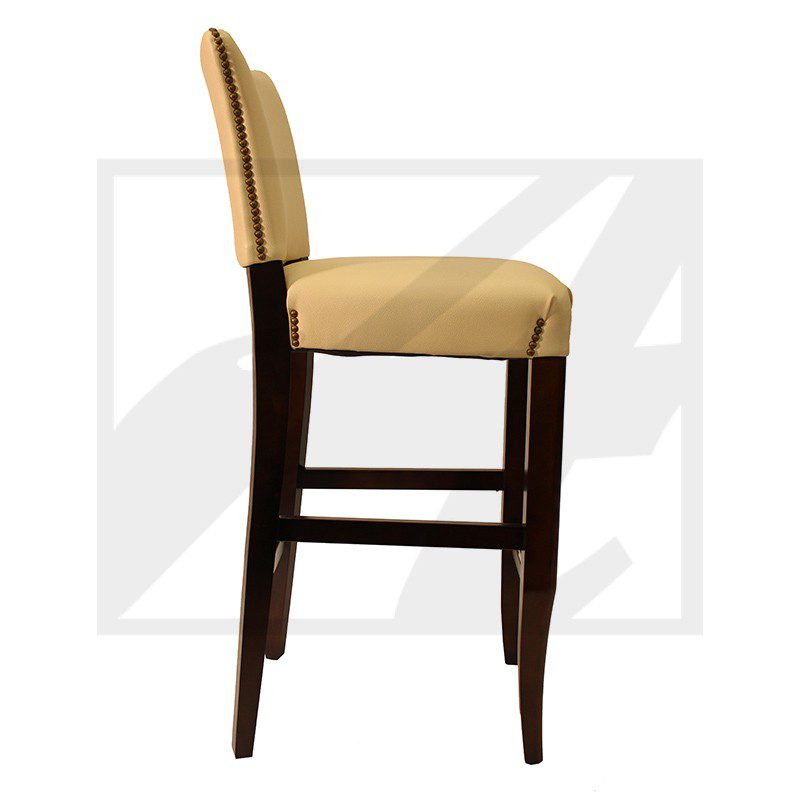 Upholstered bar stool with wooden frame and cushioned seat and back.