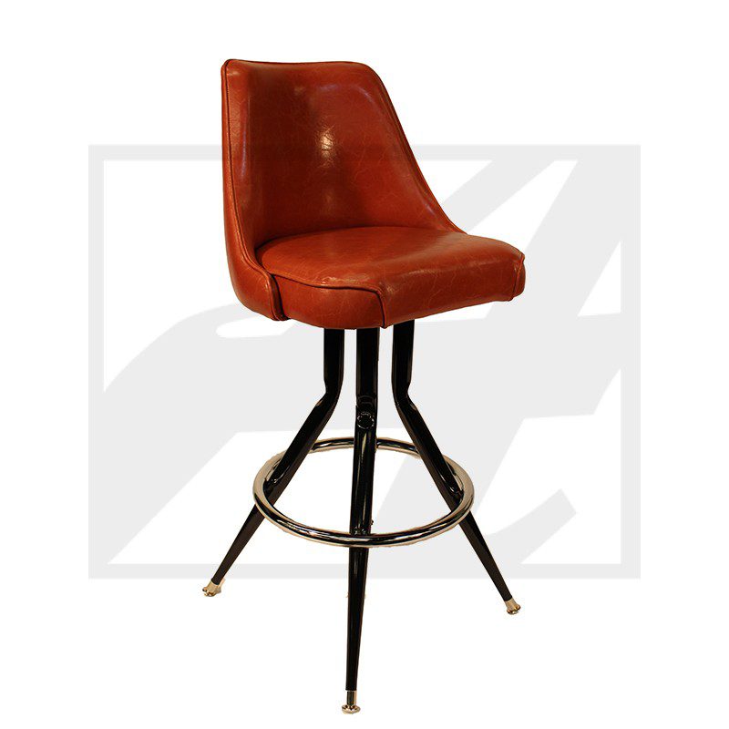 Vintage-style brown leather bar stool with black metal legs.