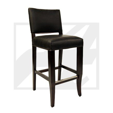 Modern black leather bar stool with wooden legs and backrest.