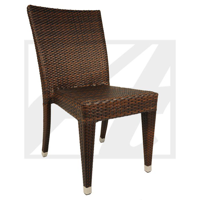 Elegant brown woven chair with a high backrest and wooden legs.