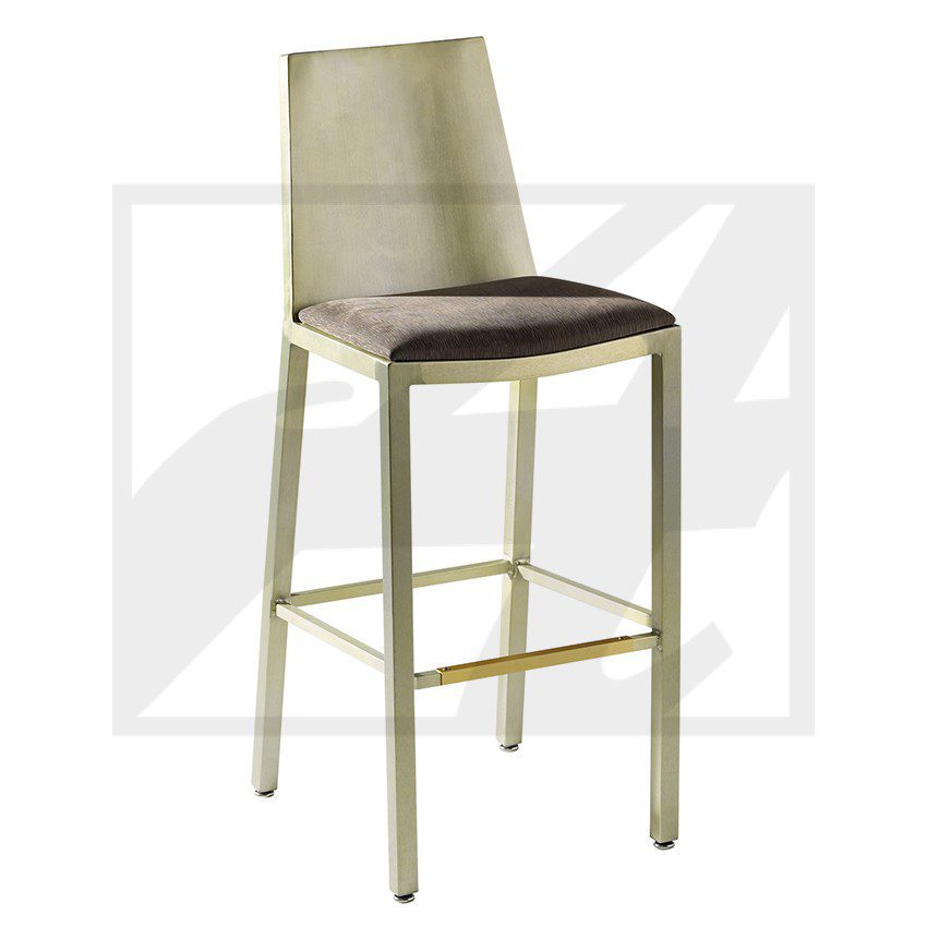 Modern beige bar stool with padded seat and backrest.