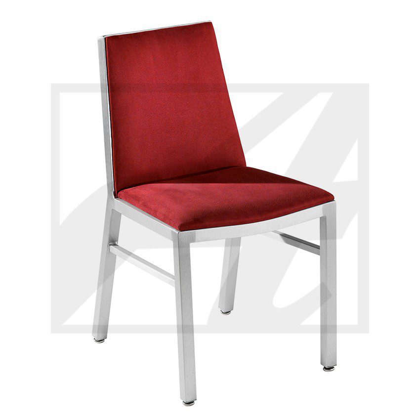 Modern chair with red cushioned seat and backrest, white legs.