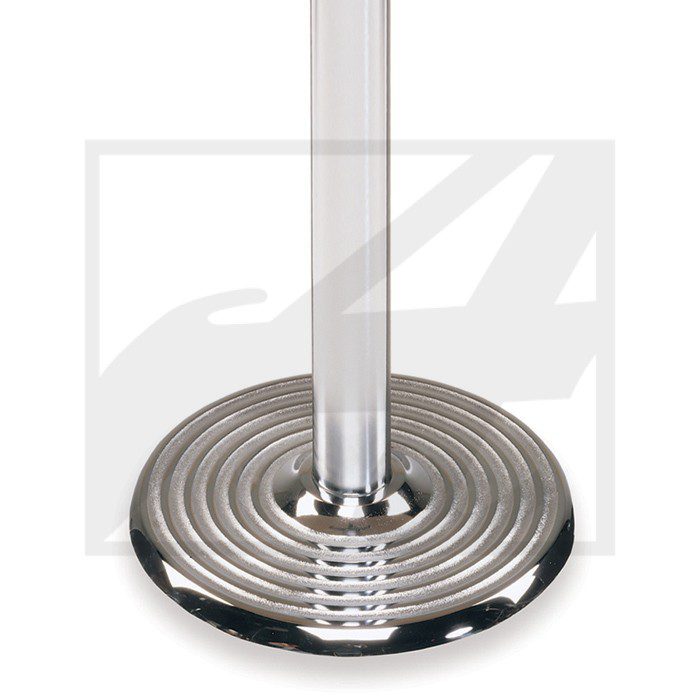 A sleek, chrome-plated circular base with a vertical pole.