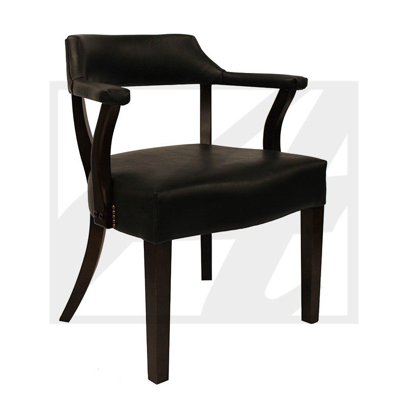Elegant black wooden armchair with cushioned seat and backrest.