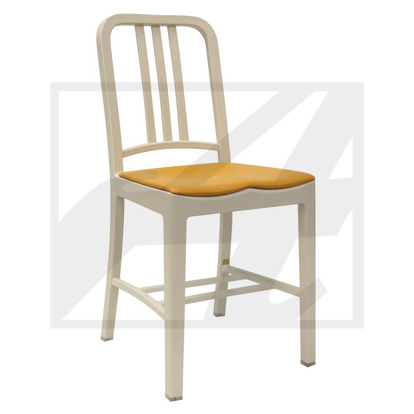 Simple beige metal chair with a wooden seat.