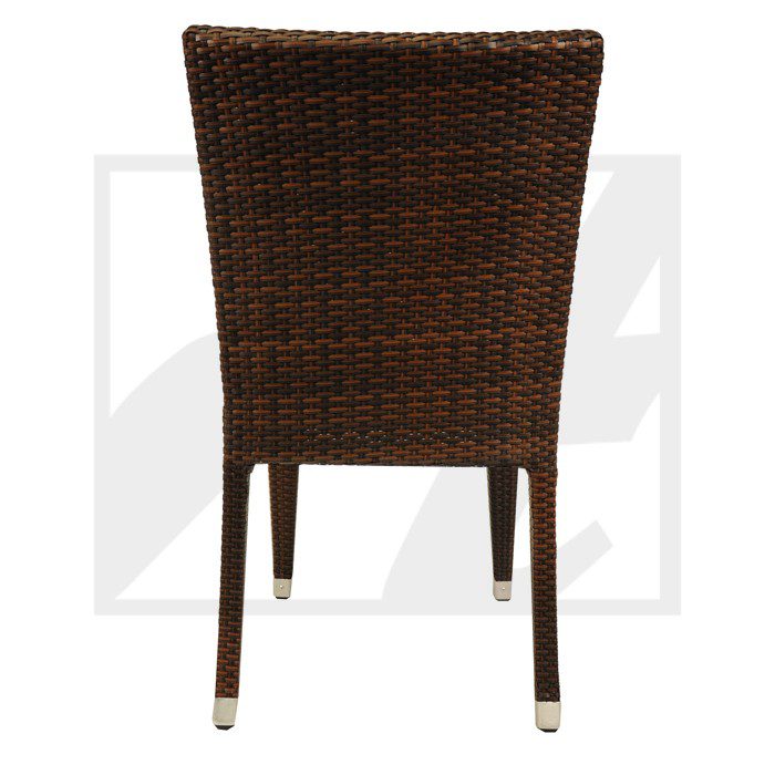 Back view of a brown woven chair with tapered legs.