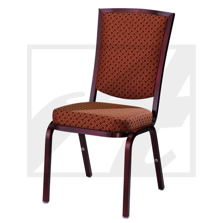 Upholstered banquet chair with dark wooden frame and patterned fabric.
