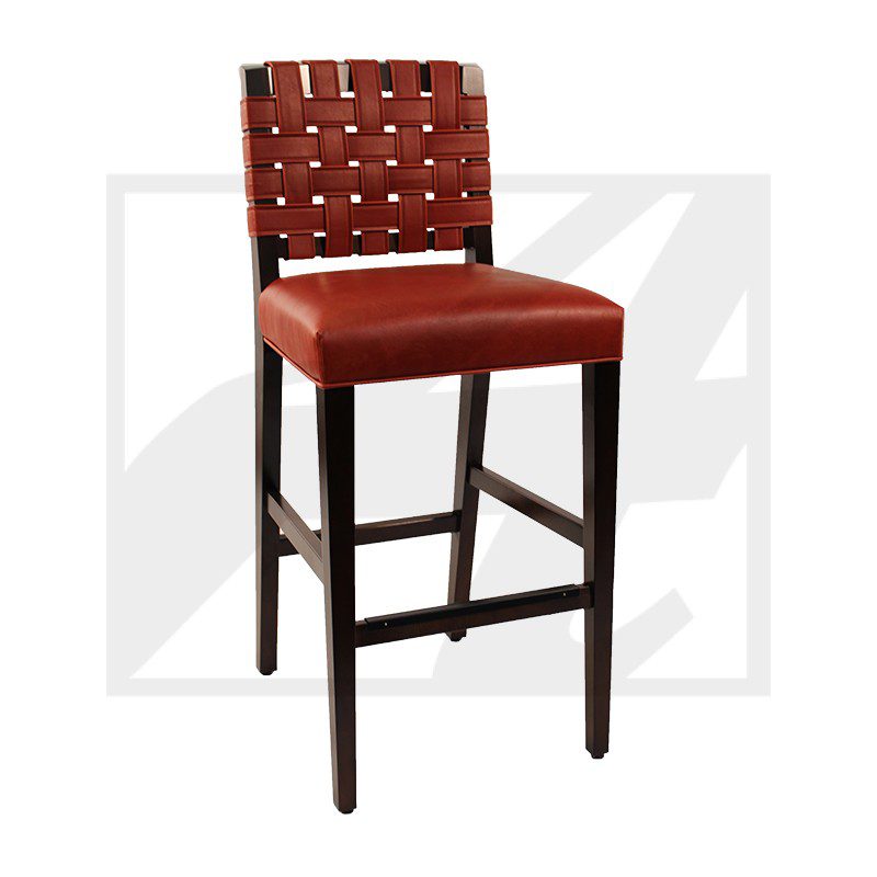 Stylish bar stool with red cushioned seat and backrest, dark wooden legs.