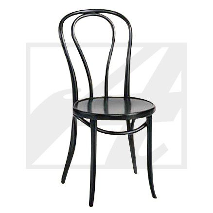 A classic black bentwood chair with a round seat and curved backrest.