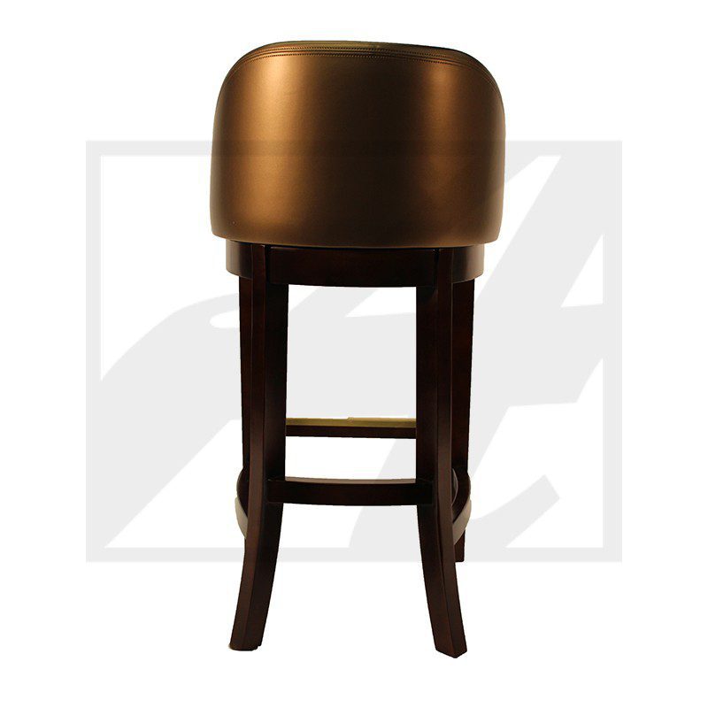 Elegant bar stool with a cushioned bronze seat and dark wooden legs.