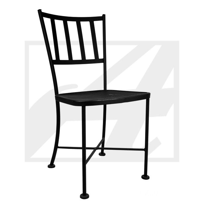 Black metal chair with vertical back bars and simple design.