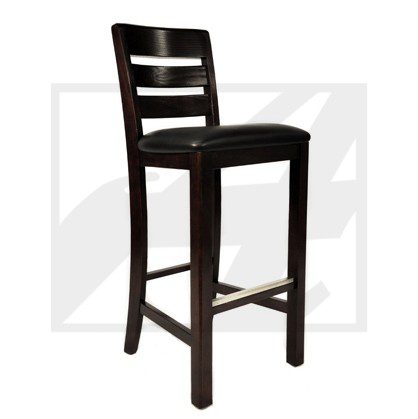 Dark wooden bar stool with a cushioned seat and ladder-back design.