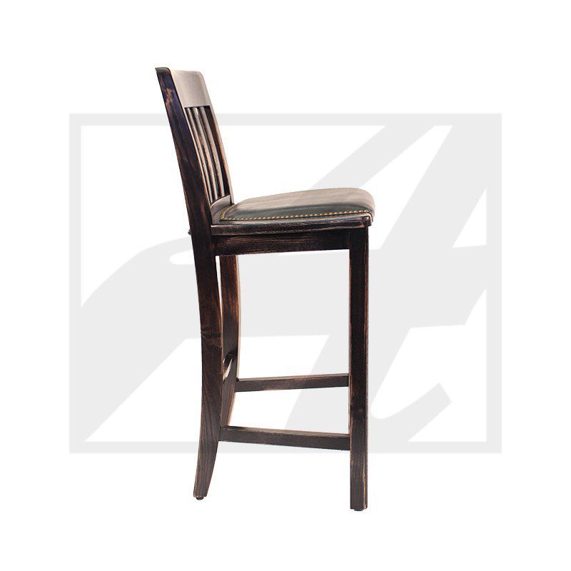 Elegant wooden bar stool with cushioned seat and backrest.