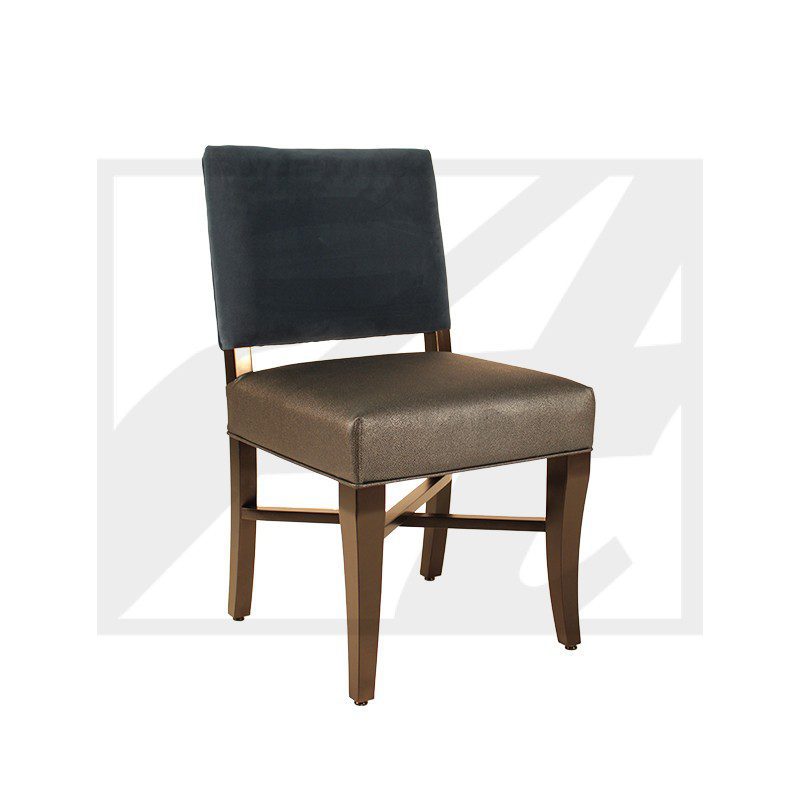 Wooden dining chair with black backrest and cushioned brown seat.