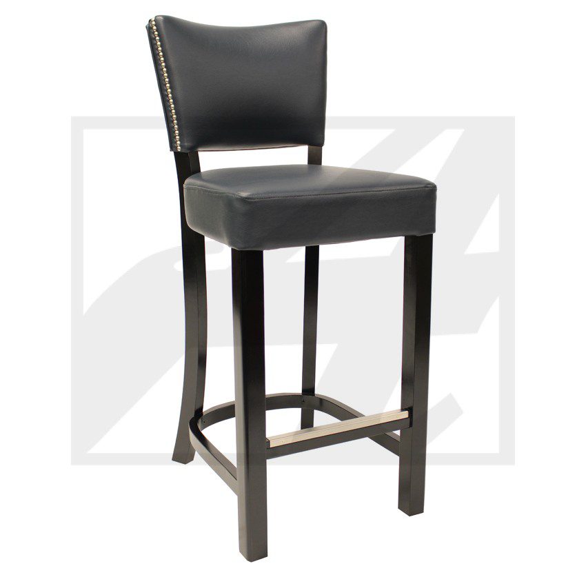 Modern black bar stool with cushioned seat and backrest.
