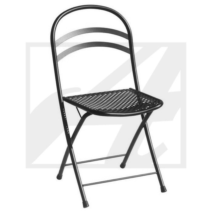 Black metal folding chair with a mesh seat and curved backrest.