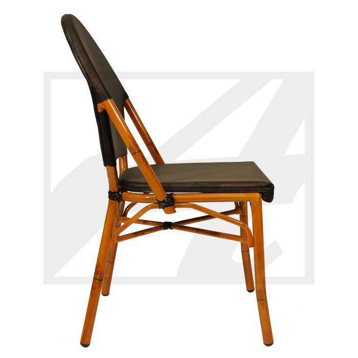Wooden chair with woven black seat and backrest.