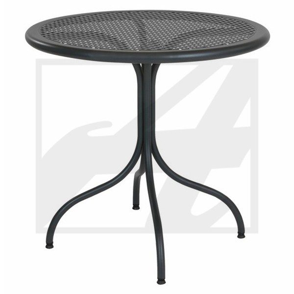 Black metal mesh round table with tripod legs.
