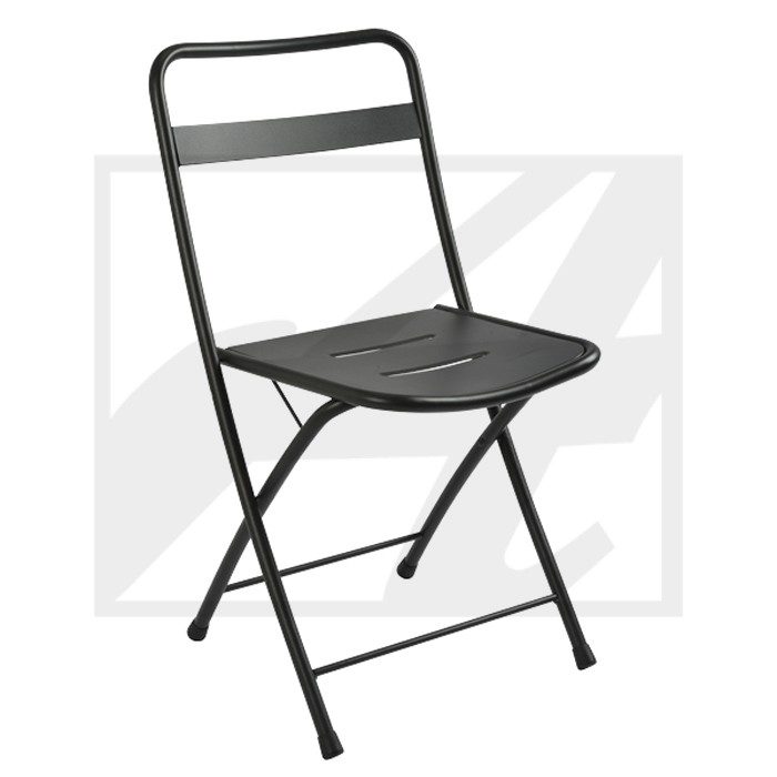 Black metal folding chair with a slatted seat and backrest.