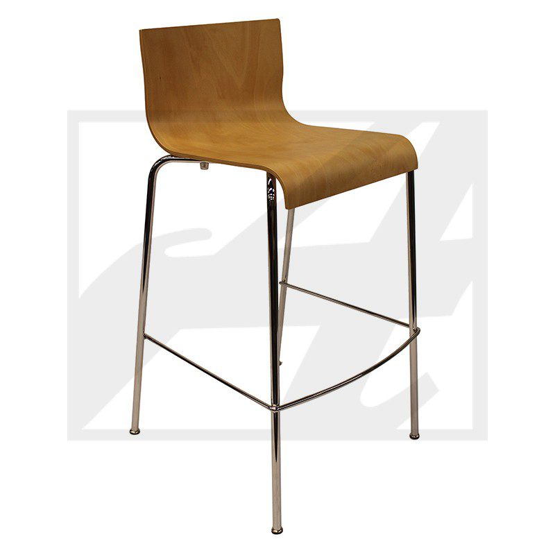 Modern wooden bar stool with metal legs and footrest.