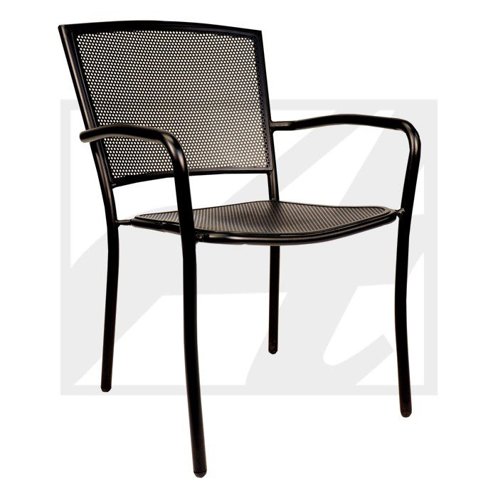 Black metal chair with mesh back and seat, featuring armrests.