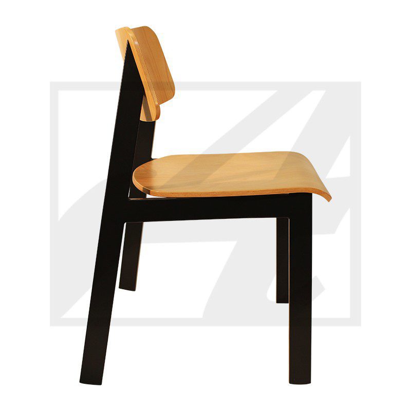 Modern wooden chair with black legs and tan cushions.