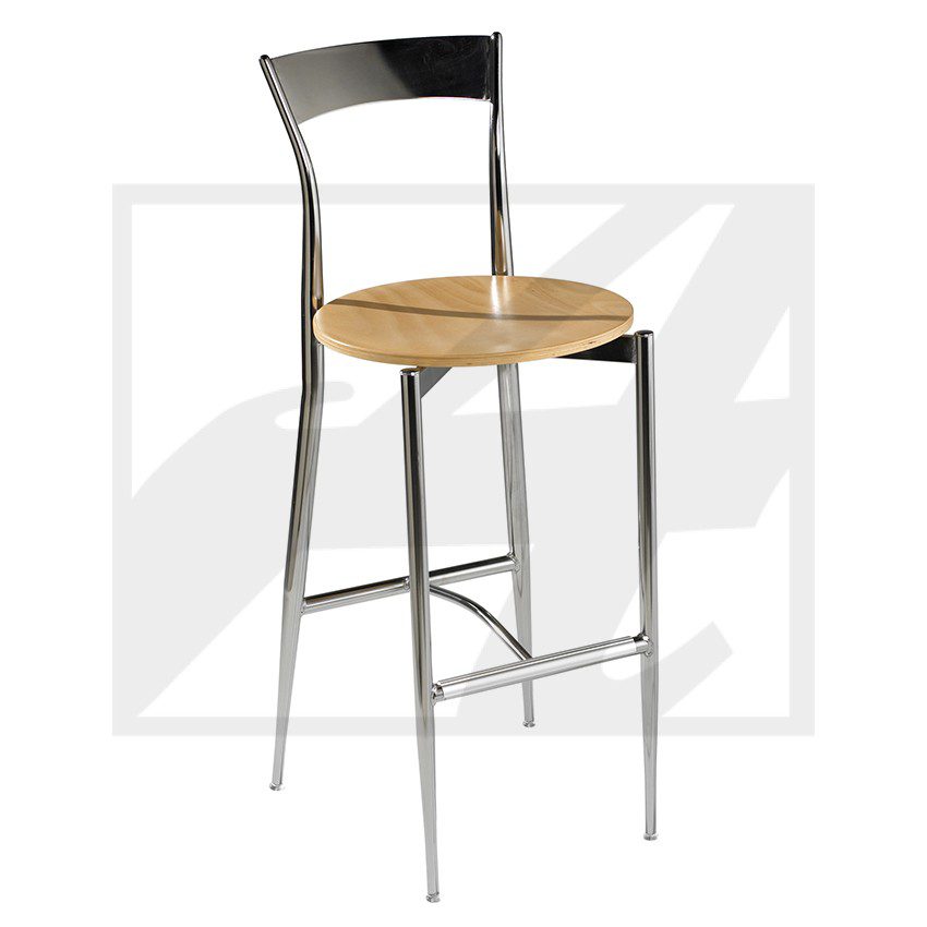 Modern bar stool with metal frame and wooden seat.