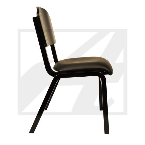 Side view of a simple black chair with padded seat and backrest.