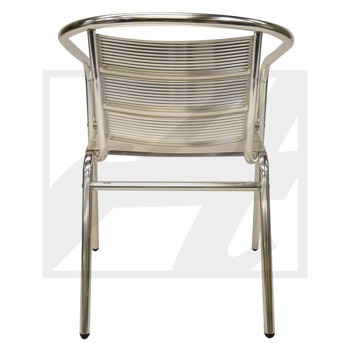 Back view of a stainless steel chair with a curved design.