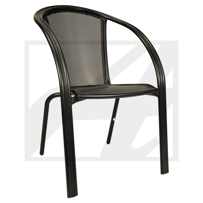 Black metal mesh chair with curved armrests and four legs.