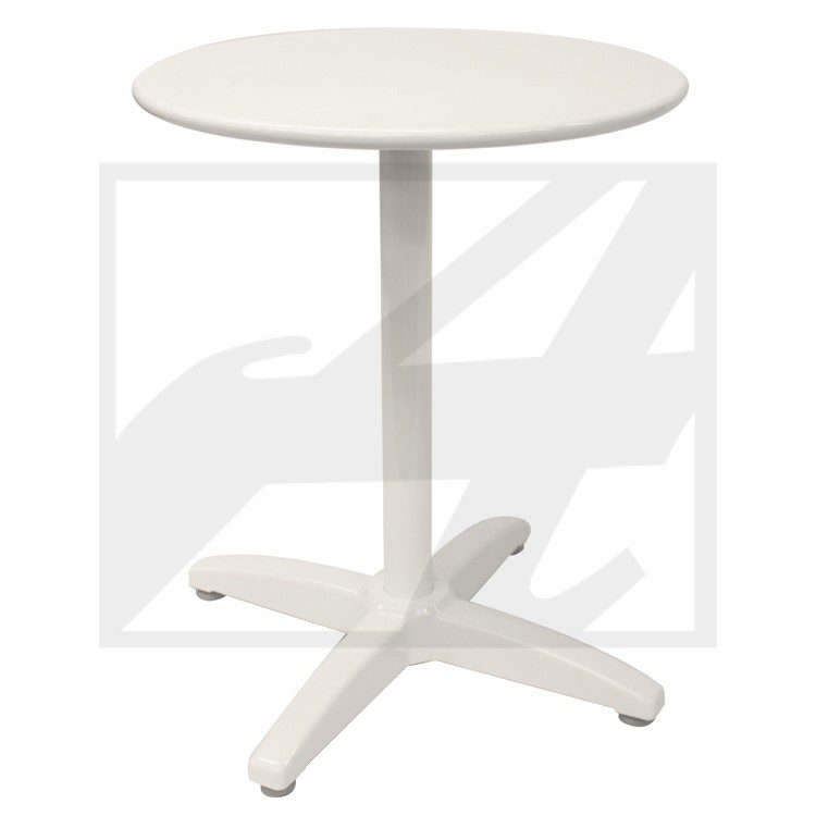 White round table with a sturdy pedestal base and four legs.