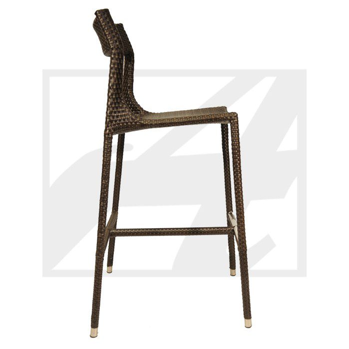 Modern brown woven bar stool with a high backrest and footrest.